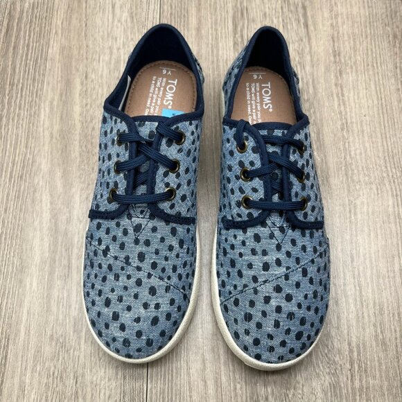 Toms Paseo Sneakers Youth Sz 6 Lace Up Flat Cornflower Slub Chambray Broken Dots - Picture 3 of 11